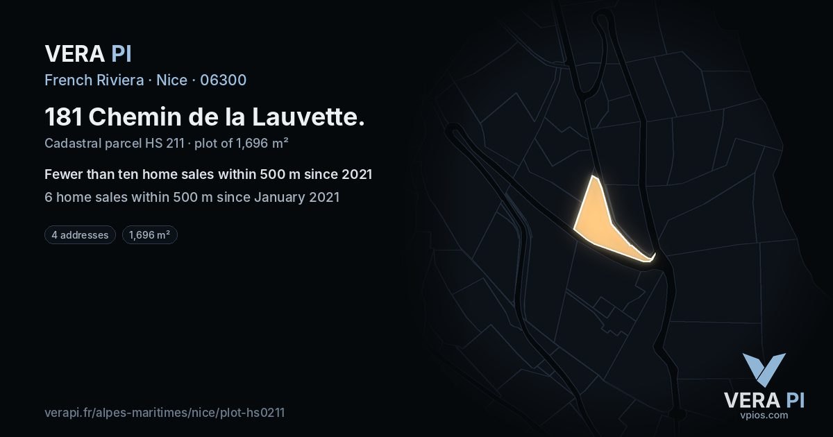 181 Chemin de la Lauvette, Nice at night – the plot lit, the parcels around coloured by the prices near them