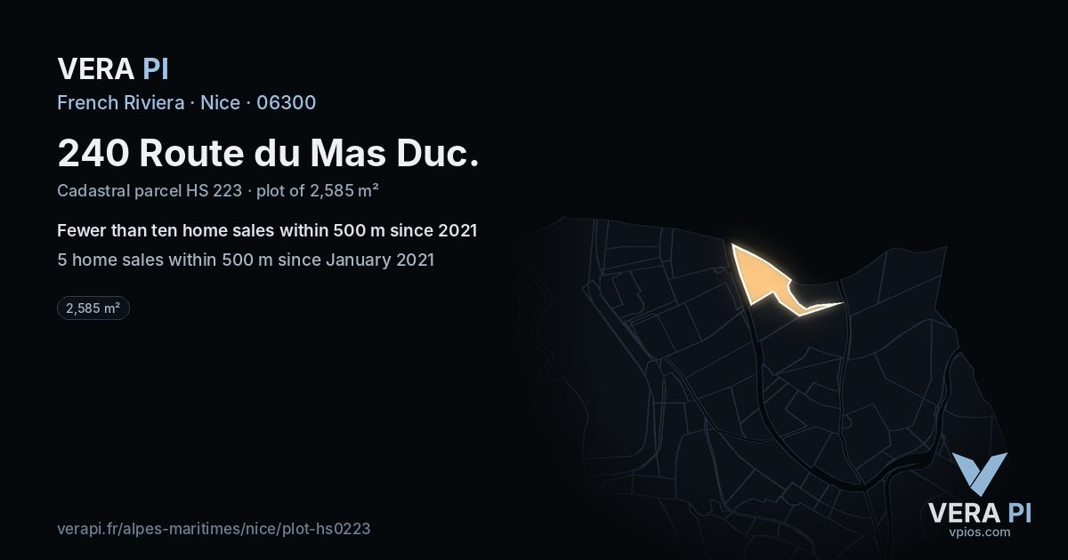 240 Route du Mas Duc, Nice at night – the plot lit, the parcels around coloured by the prices near them