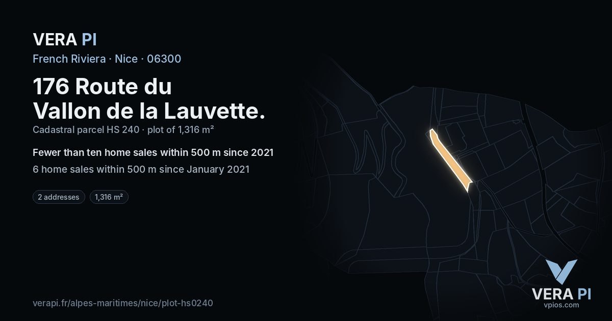 176 Route du Vallon de la Lauvette, Nice at night – the plot lit, the parcels around coloured by the prices near them