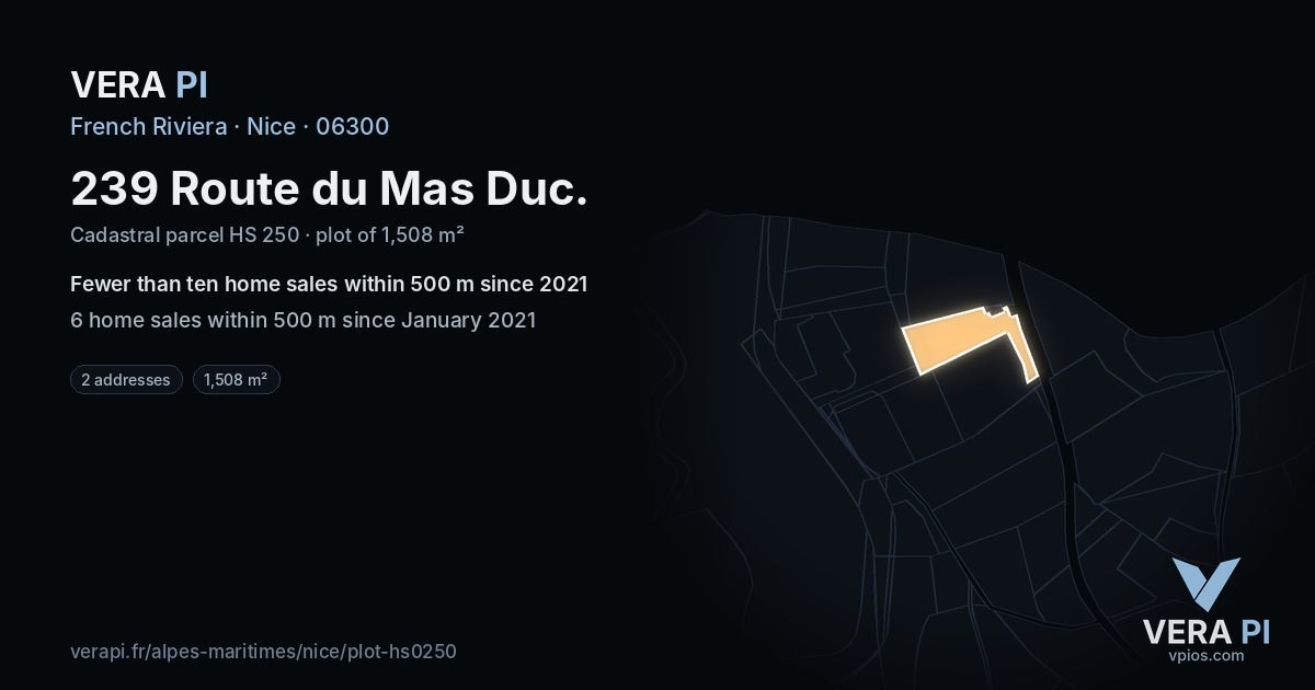 239 Route du Mas Duc, Nice at night – the plot lit, the parcels around coloured by the prices near them