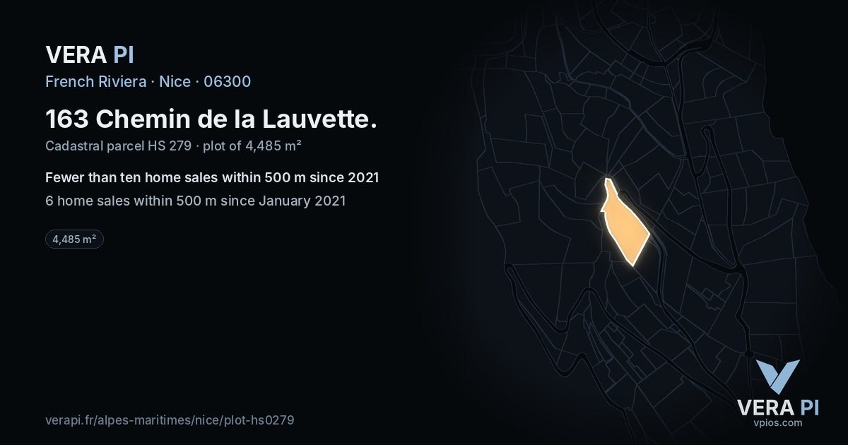 163 Chemin de la Lauvette, Nice at night – the plot lit, the parcels around coloured by the prices near them