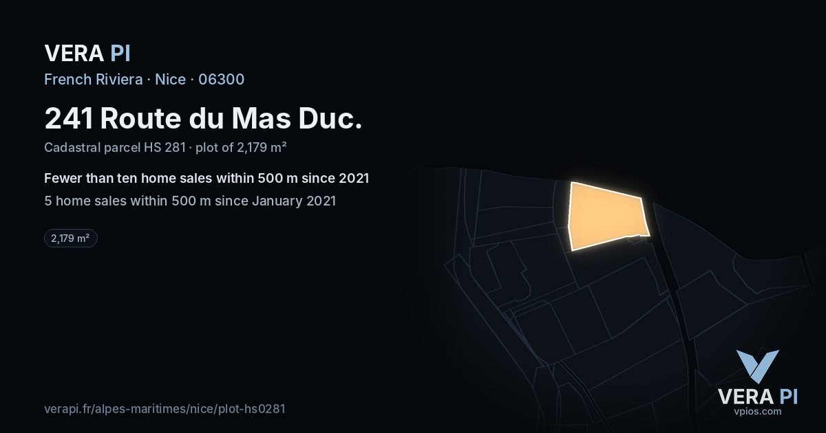 241 Route du Mas Duc, Nice at night – the plot lit, the parcels around coloured by the prices near them