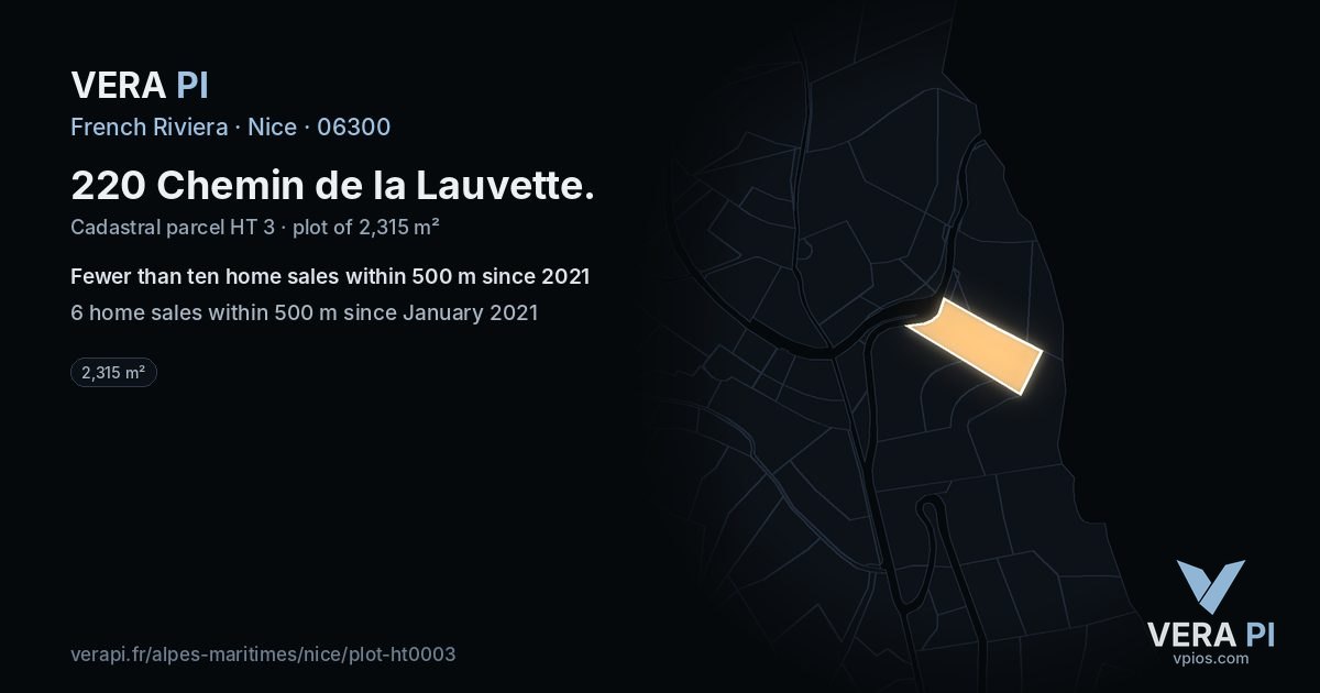 220 Chemin de la Lauvette, Nice at night – the plot lit, the parcels around coloured by the prices near them