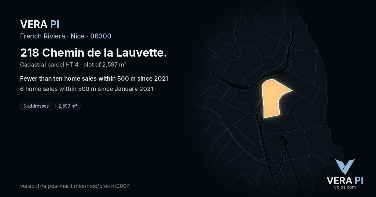 218 Chemin de la Lauvette, Nice at night – the plot lit, the parcels around coloured by the prices near them