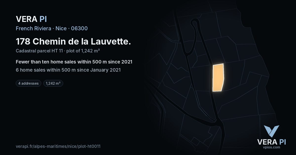 178 Chemin de la Lauvette, Nice at night – the plot lit, the parcels around coloured by the prices near them