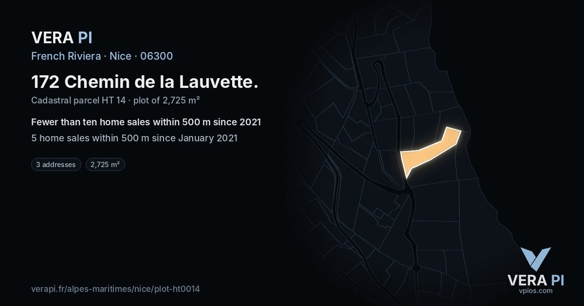 172 Chemin de la Lauvette, Nice at night – the plot lit, the parcels around coloured by the prices near them