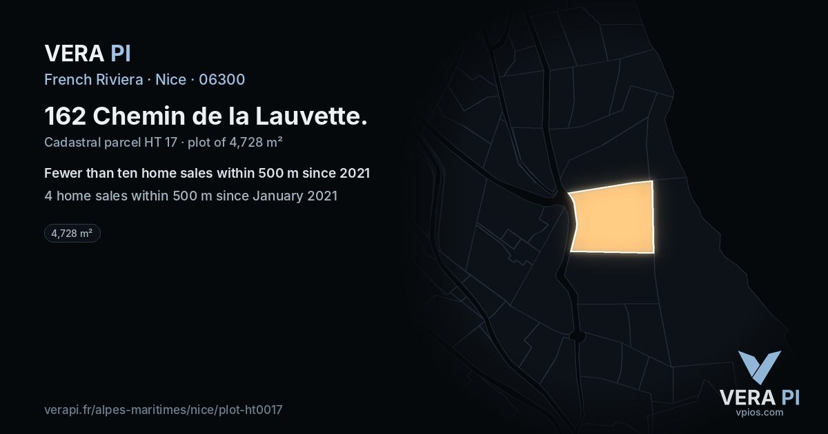 162 Chemin de la Lauvette, Nice at night – the plot lit, the parcels around coloured by the prices near them