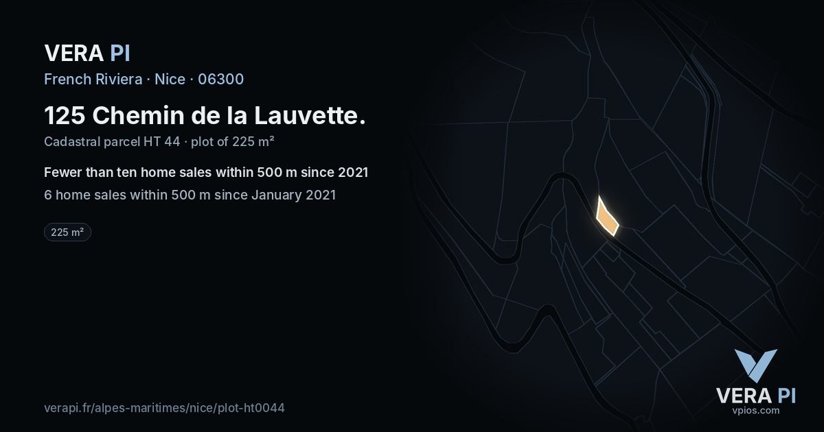 125 Chemin de la Lauvette, Nice at night – the plot lit, the parcels around coloured by the prices near them