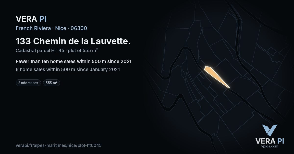 133 Chemin de la Lauvette, Nice at night – the plot lit, the parcels around coloured by the prices near them