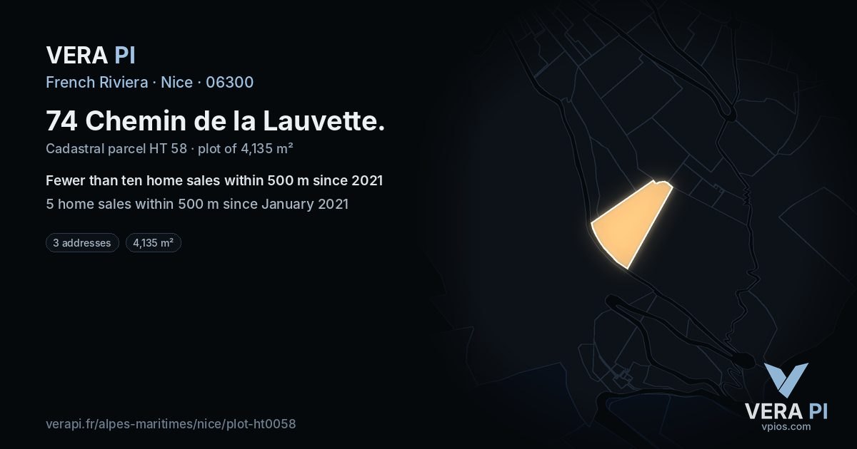 74 Chemin de la Lauvette, Nice at night – the plot lit, the parcels around coloured by the prices near them