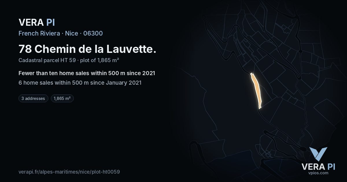 78 Chemin de la Lauvette, Nice at night – the plot lit, the parcels around coloured by the prices near them
