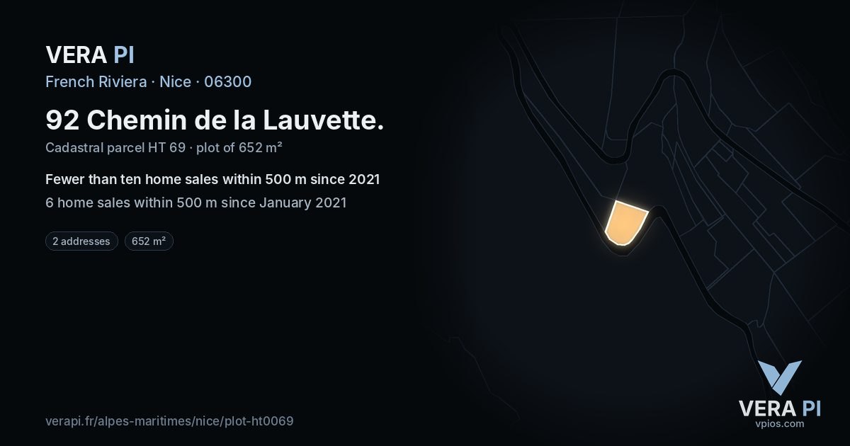 92 Chemin de la Lauvette, Nice at night – the plot lit, the parcels around coloured by the prices near them