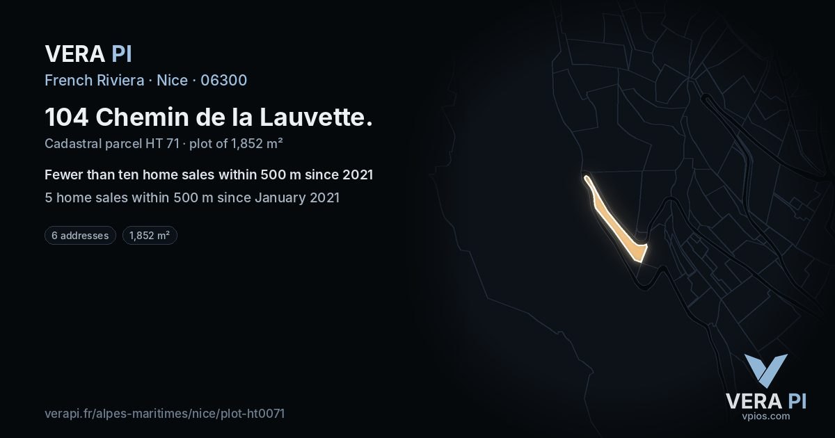104 Chemin de la Lauvette, Nice at night – the plot lit, the parcels around coloured by the prices near them