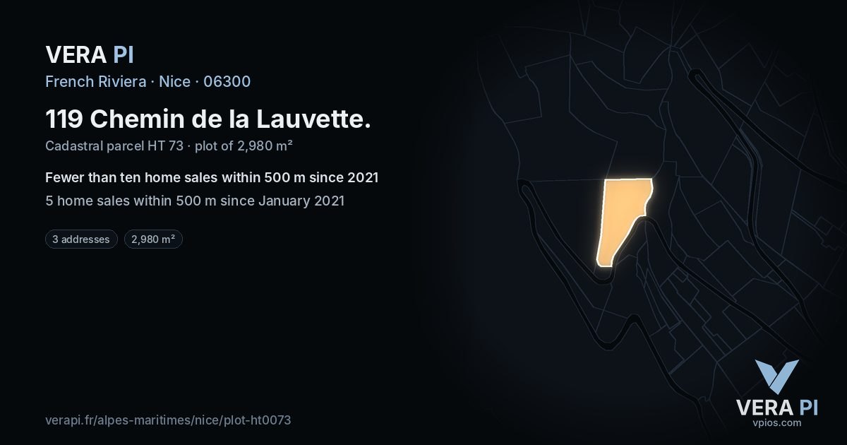 119 Chemin de la Lauvette, Nice at night – the plot lit, the parcels around coloured by the prices near them