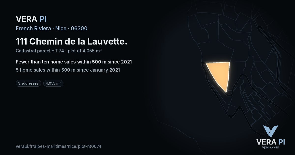 111 Chemin de la Lauvette, Nice at night – the plot lit, the parcels around coloured by the prices near them