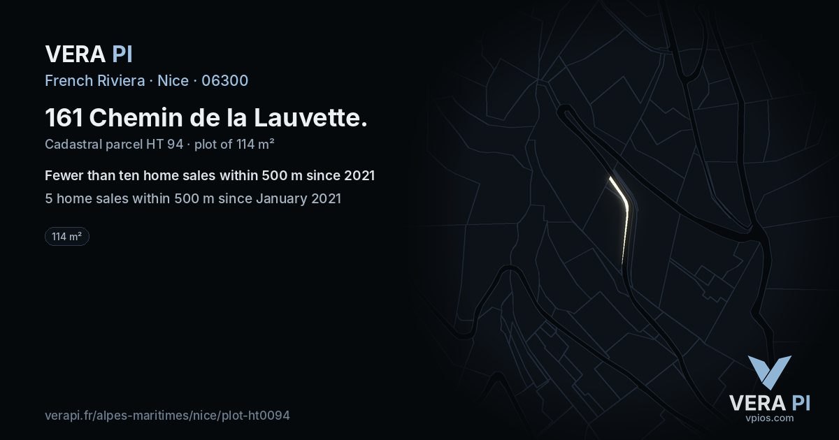 161 Chemin de la Lauvette, Nice at night – the plot lit, the parcels around coloured by the prices near them