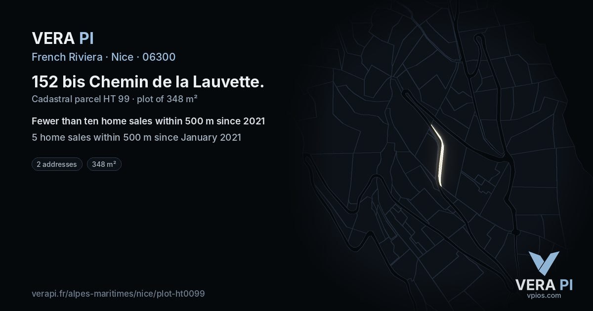 152 bis Chemin de la Lauvette, Nice at night – the plot lit, the parcels around coloured by the prices near them