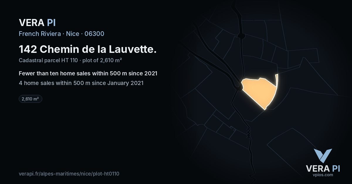 142 Chemin de la Lauvette, Nice at night – the plot lit, the parcels around coloured by the prices near them