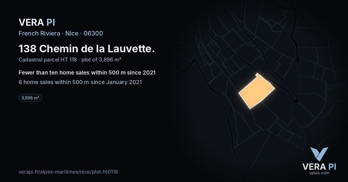 138 Chemin de la Lauvette, Nice at night – the plot lit, the parcels around coloured by the prices near them