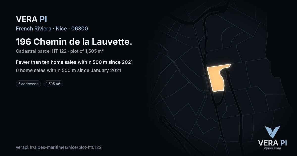 196 Chemin de la Lauvette, Nice at night – the plot lit, the parcels around coloured by the prices near them