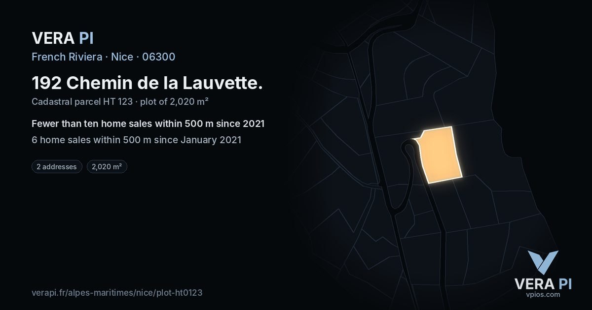 192 Chemin de la Lauvette, Nice at night – the plot lit, the parcels around coloured by the prices near them