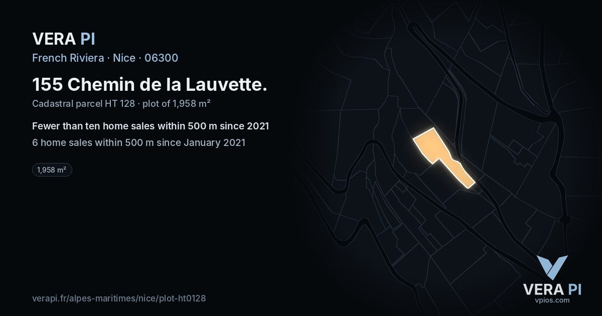 155 Chemin de la Lauvette, Nice at night – the plot lit, the parcels around coloured by the prices near them