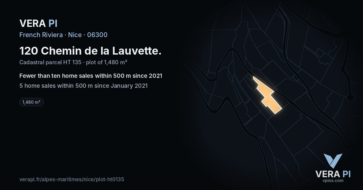 120 Chemin de la Lauvette, Nice at night – the plot lit, the parcels around coloured by the prices near them