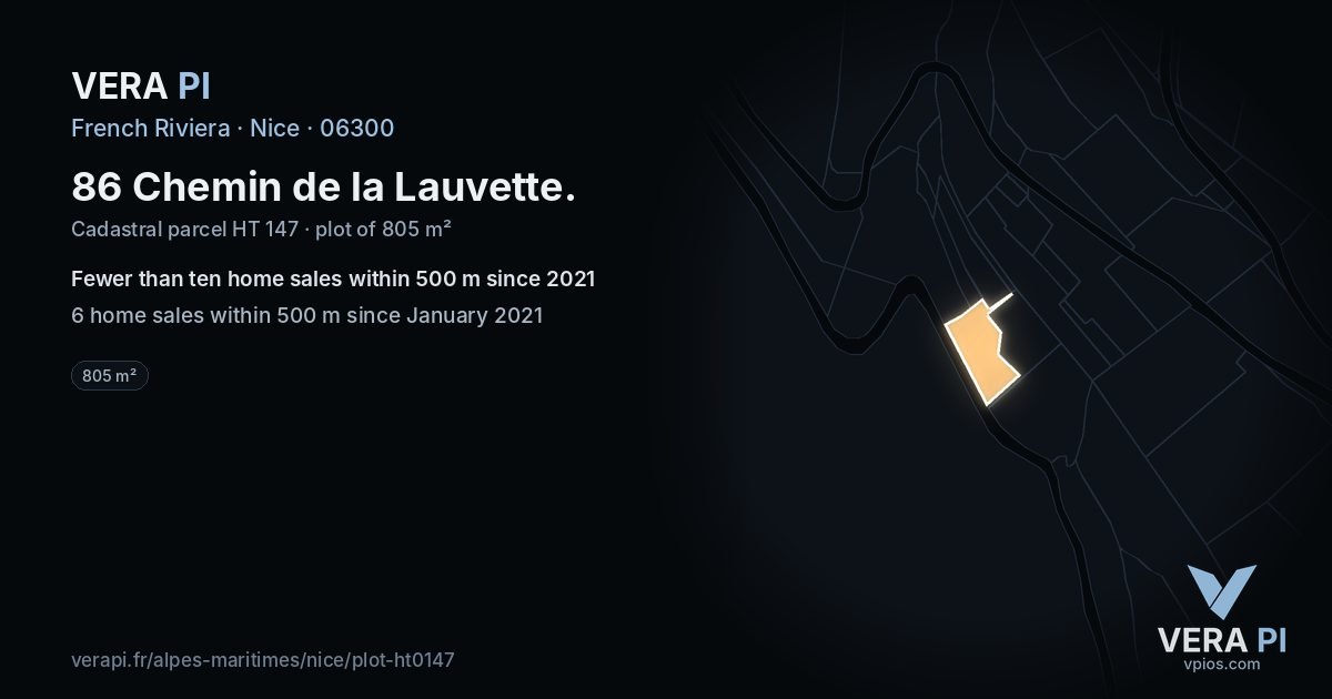 86 Chemin de la Lauvette, Nice at night – the plot lit, the parcels around coloured by the prices near them