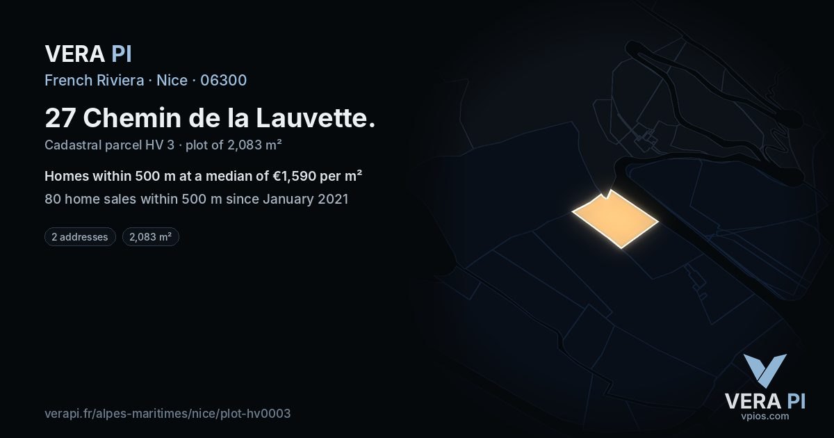 27 Chemin de la Lauvette, Nice at night – the plot lit, the parcels around coloured by the prices near them