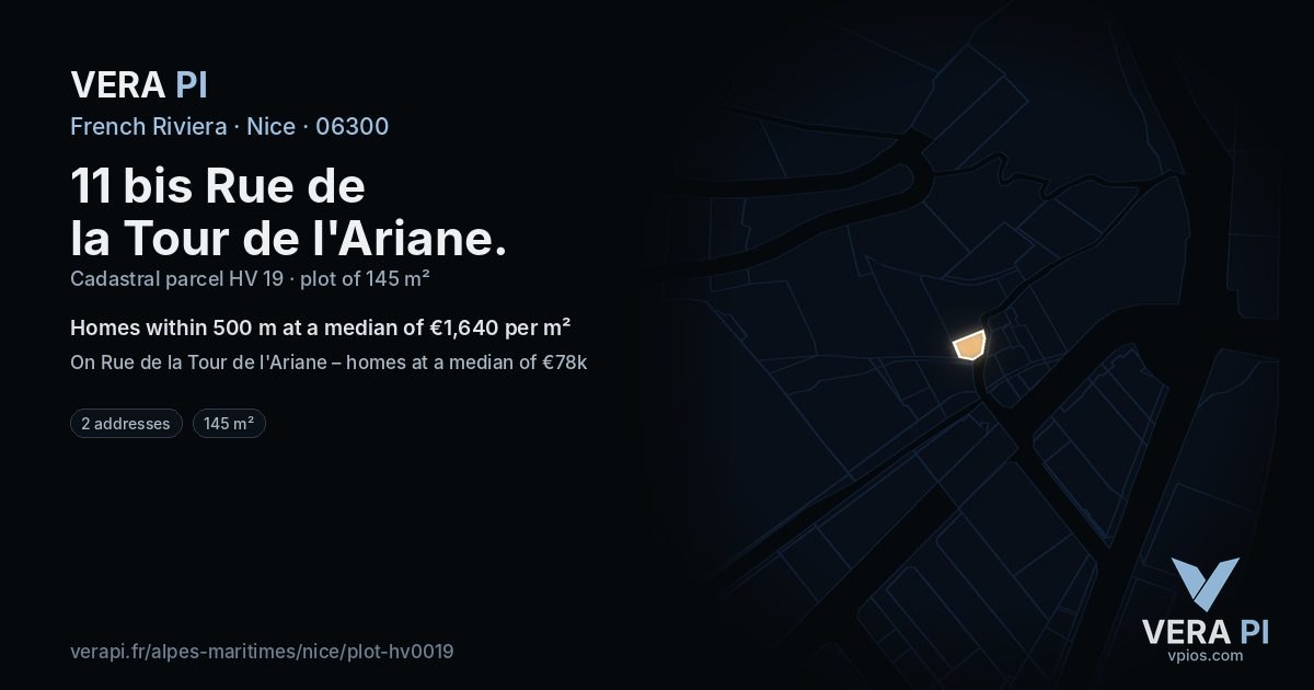 11 bis Rue de la Tour de l'Ariane, Nice at night – the plot lit, the parcels around coloured by the prices near them