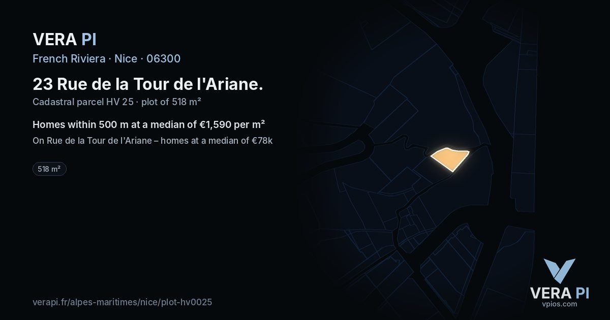 23 Rue de la Tour de l'Ariane, Nice at night – the plot lit, the parcels around coloured by the prices near them