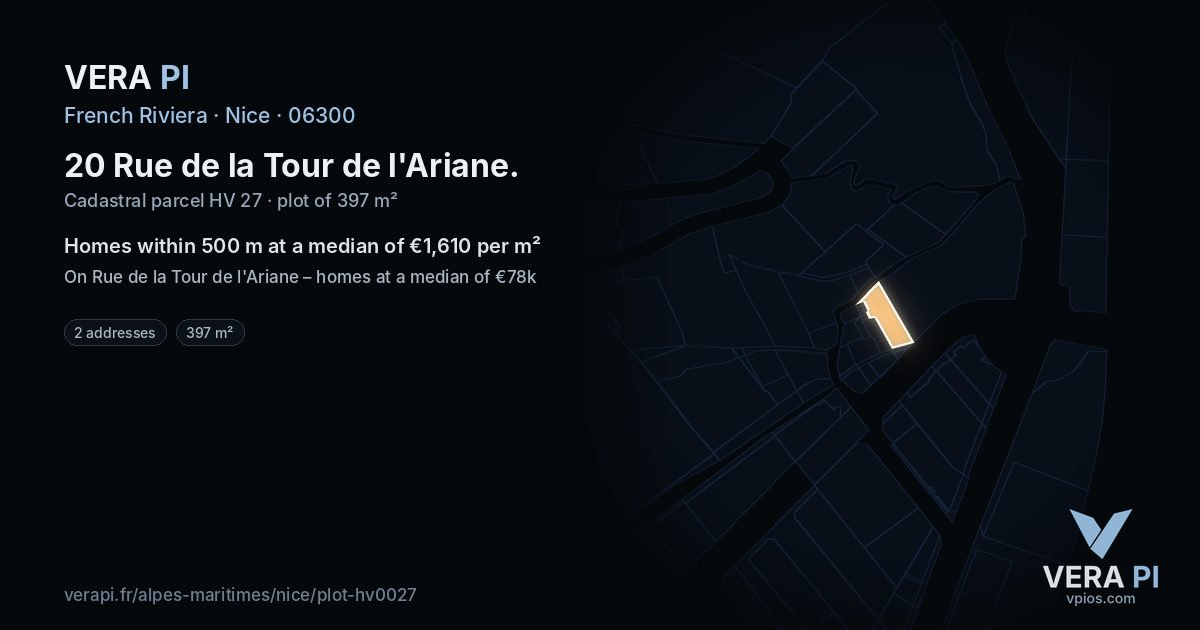 20 Rue de la Tour de l'Ariane, Nice at night – the plot lit, the parcels around coloured by the prices near them