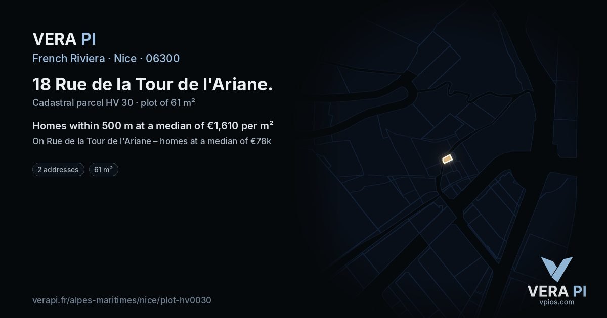 18 Rue de la Tour de l'Ariane, Nice at night – the plot lit, the parcels around coloured by the prices near them
