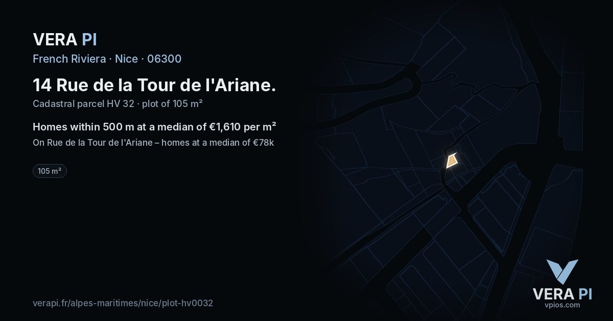 14 Rue de la Tour de l'Ariane, Nice at night – the plot lit, the parcels around coloured by the prices near them