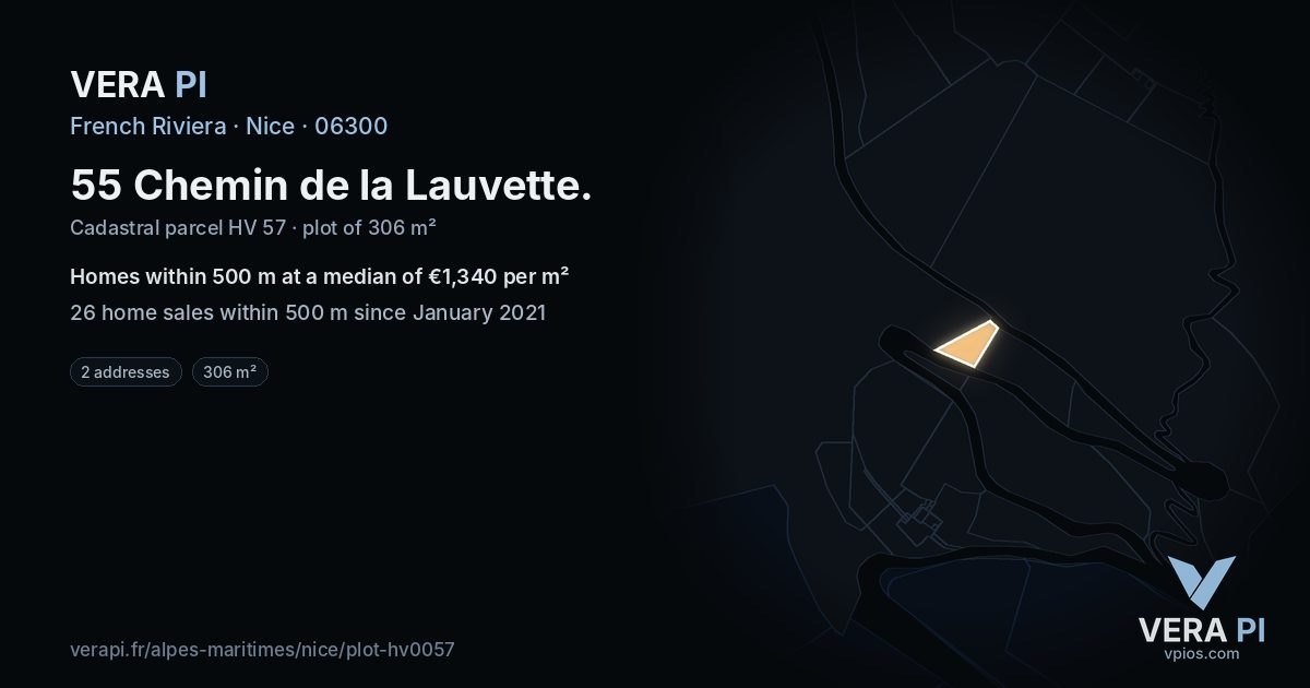 55 Chemin de la Lauvette, Nice at night – the plot lit, the parcels around coloured by the prices near them