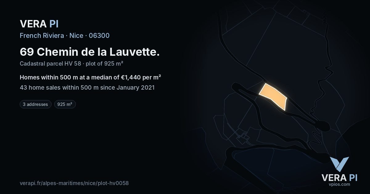 69 Chemin de la Lauvette, Nice at night – the plot lit, the parcels around coloured by the prices near them