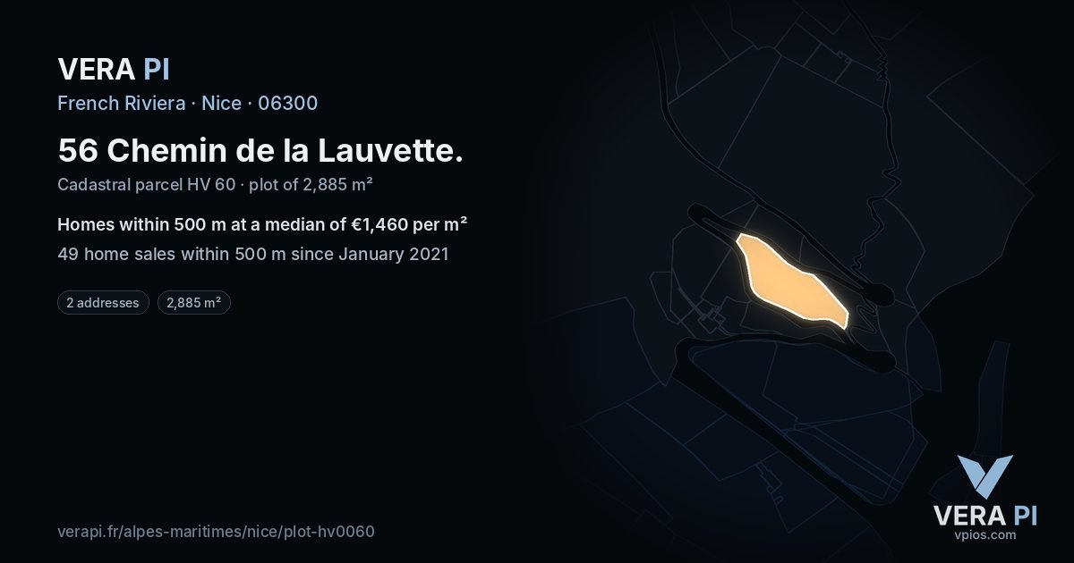 56 Chemin de la Lauvette, Nice at night – the plot lit, the parcels around coloured by the prices near them