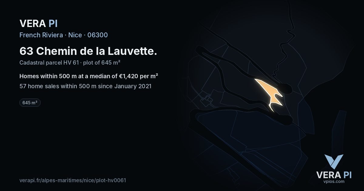 63 Chemin de la Lauvette, Nice at night – the plot lit, the parcels around coloured by the prices near them