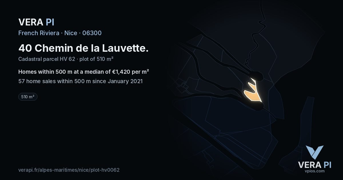 40 Chemin de la Lauvette, Nice at night – the plot lit, the parcels around coloured by the prices near them