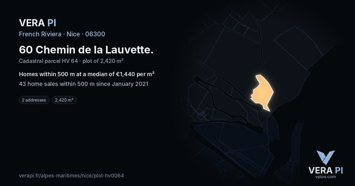 60 Chemin de la Lauvette, Nice at night – the plot lit, the parcels around coloured by the prices near them