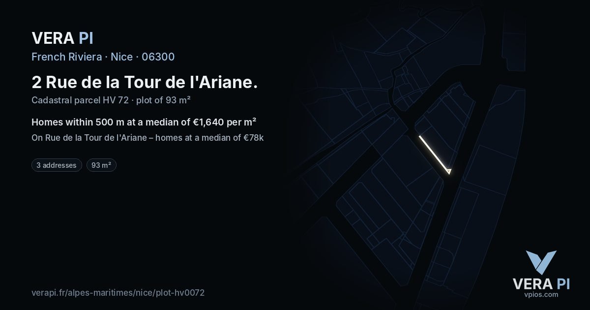 2 Rue de la Tour de l'Ariane, Nice at night – the plot lit, the parcels around coloured by the prices near them