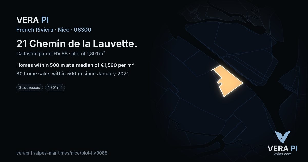 21 Chemin de la Lauvette, Nice at night – the plot lit, the parcels around coloured by the prices near them