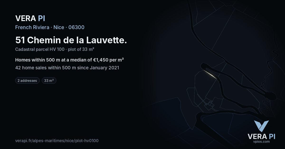 51 Chemin de la Lauvette, Nice at night – the plot lit, the parcels around coloured by the prices near them