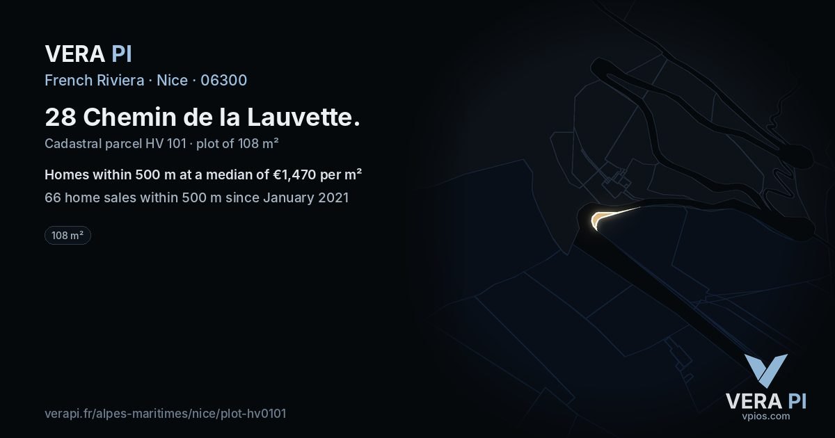 28 Chemin de la Lauvette, Nice at night – the plot lit, the parcels around coloured by the prices near them