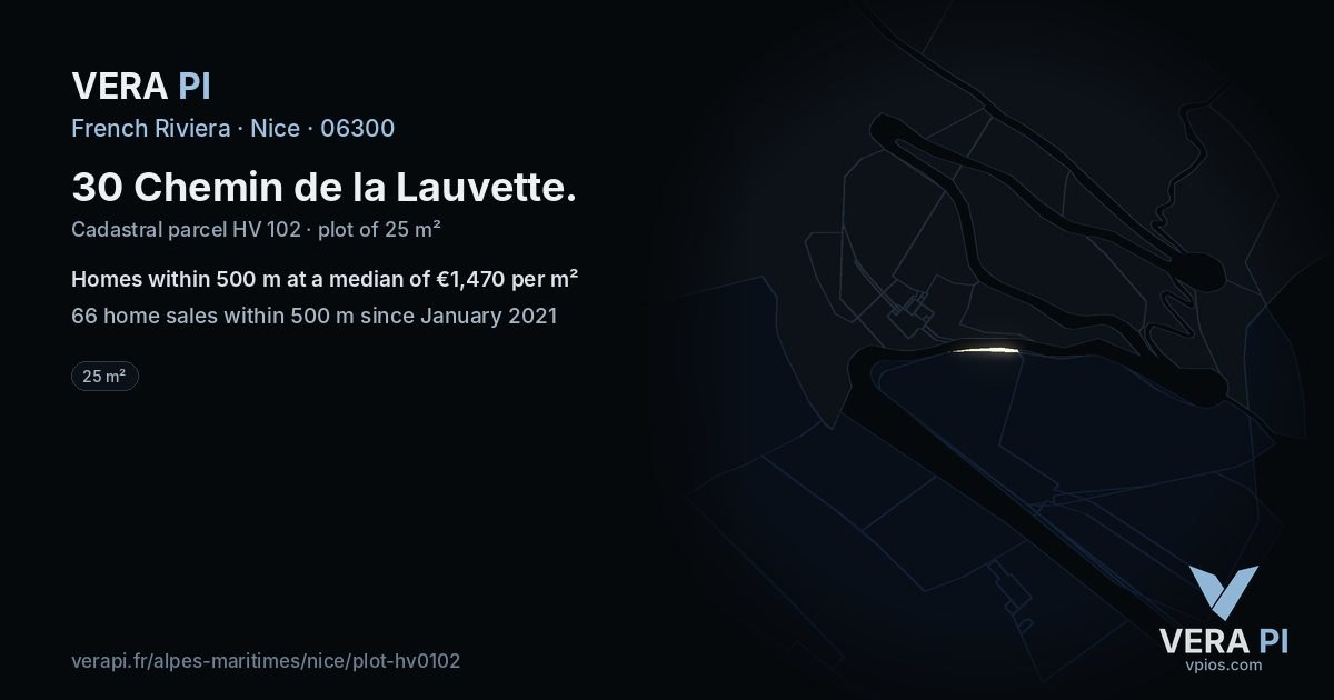 30 Chemin de la Lauvette, Nice at night – the plot lit, the parcels around coloured by the prices near them