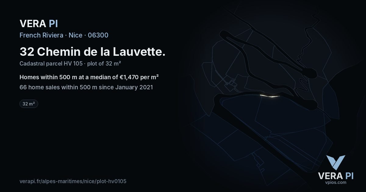 32 Chemin de la Lauvette, Nice at night – the plot lit, the parcels around coloured by the prices near them