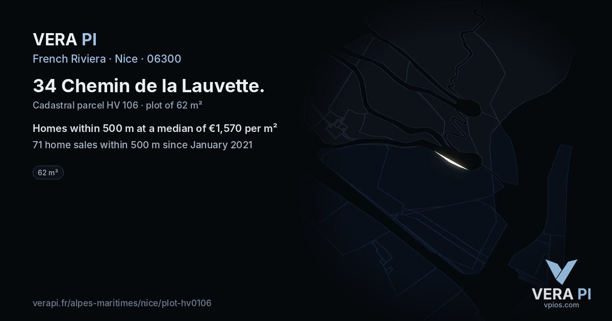 34 Chemin de la Lauvette, Nice at night – the plot lit, the parcels around coloured by the prices near them