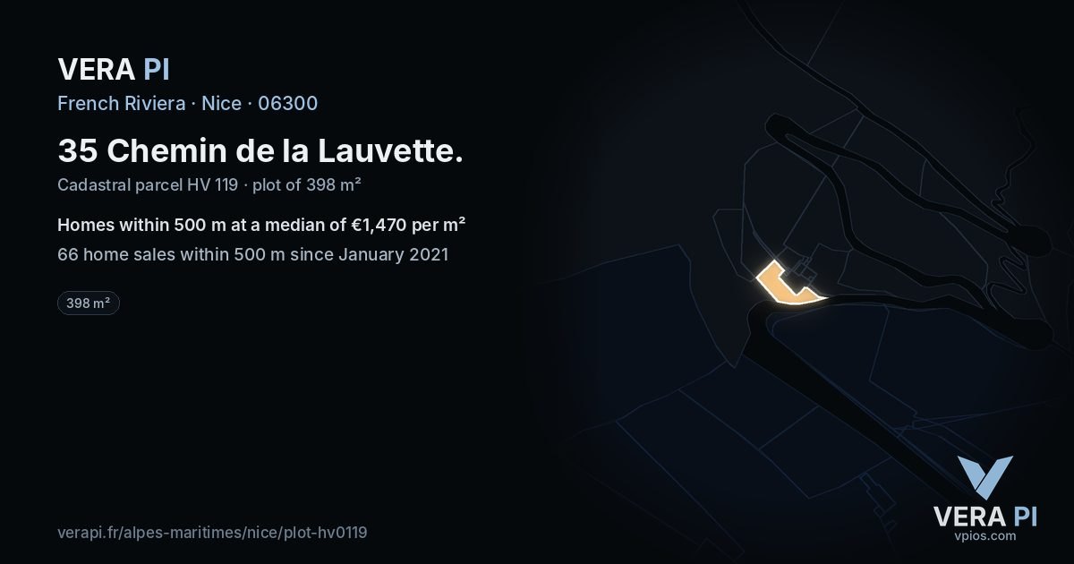 35 Chemin de la Lauvette, Nice at night – the plot lit, the parcels around coloured by the prices near them