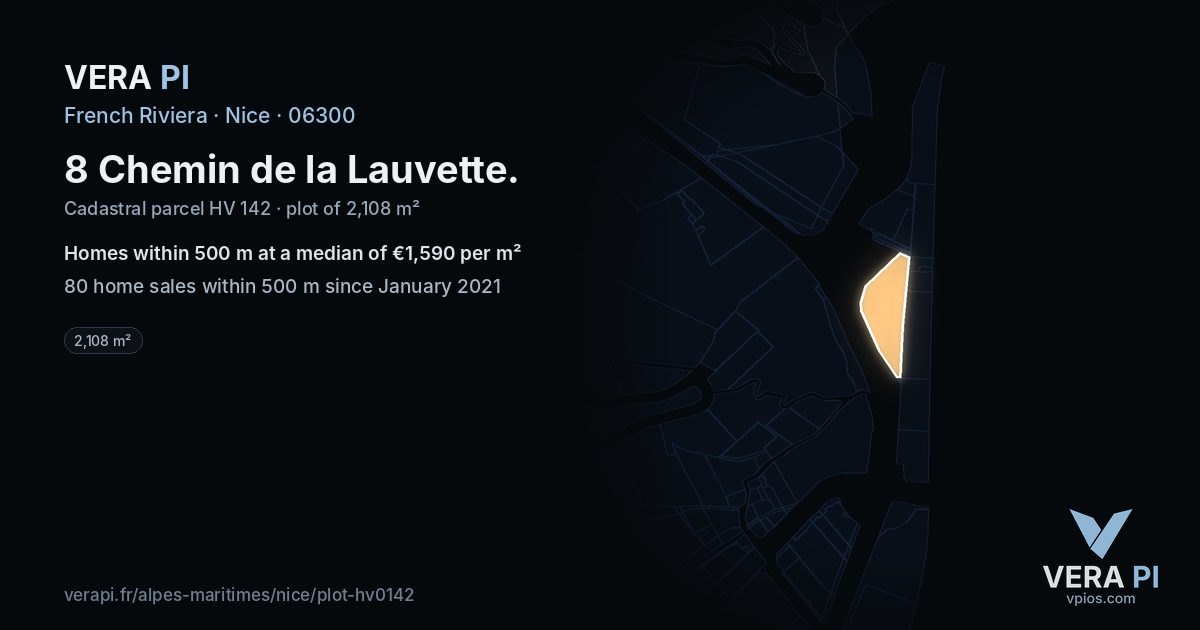 8 Chemin de la Lauvette, Nice at night – the plot lit, the parcels around coloured by the prices near them