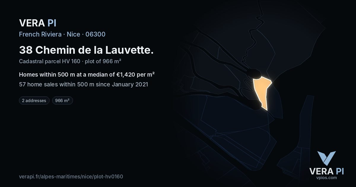 38 Chemin de la Lauvette, Nice at night – the plot lit, the parcels around coloured by the prices near them